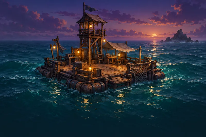 KI-generiertes Konzeptmotiv für DriftFort: eine beleuchtete Floßfestung auf dem Meer bei Sonnenuntergang.
