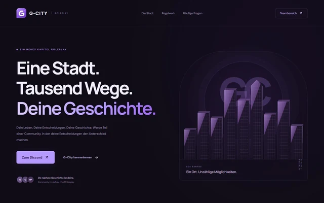 Öffentliche G-City-Website mit violettem Signet und dem Einstieg in die Roleplay-Community.