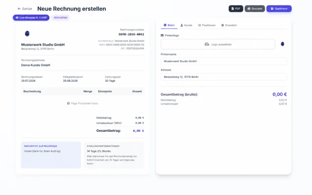 Veröffentlichte INVOXA-Beispielansicht des Rechnungseditors mit fiktiven Testdaten.