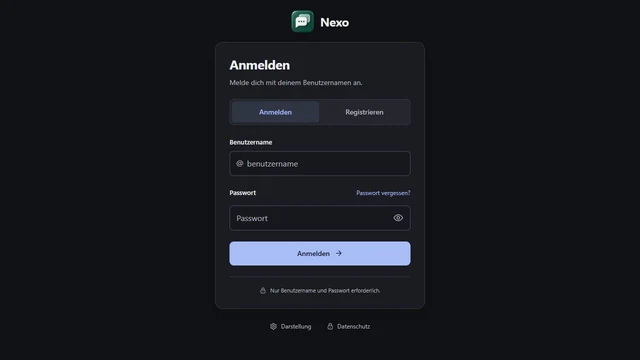 Öffentliche Nexo-Anmeldeseite mit leerem Anmeldeformular.
