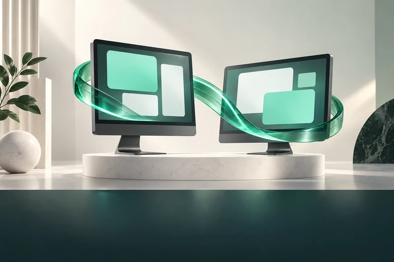 KI-Projektmotiv mit zwei verbundenen Monitoren und einer smaragdgrünen Glasverbindung.
