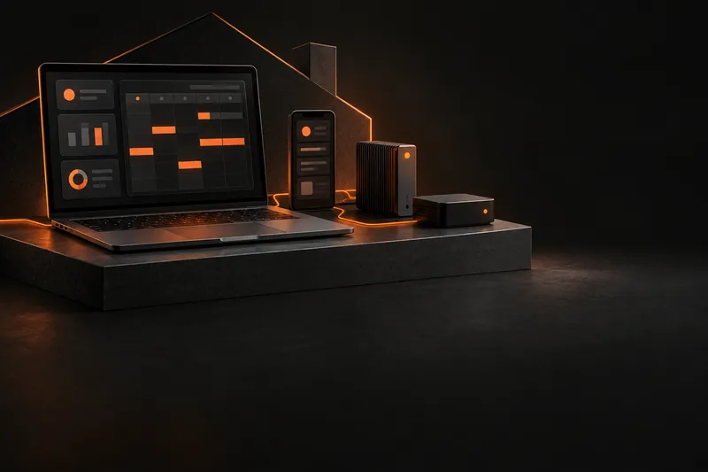 KI-generiertes IT-Motiv mit Laptop, Smartphone und Netzwerkgeräten in Schwarz und Orange.