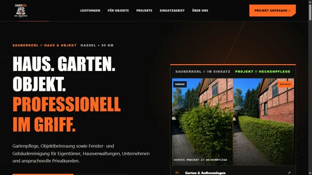 Öffentlicher Sauberkerl-Webauftritt in Schwarz und Orange mit Original-Logo.