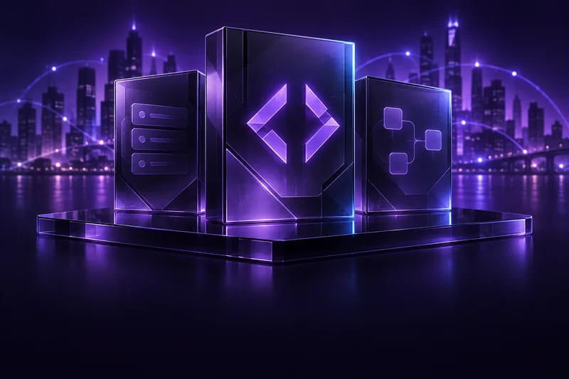 Violett beleuchtete Software-Module vor einer abstrakten Stadtkulisse als Bildwelt für den Script-Shop.