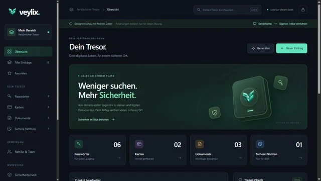 Öffentliche Veylix-Designvorschau mit ausdrücklich fiktiven Beispieldaten.